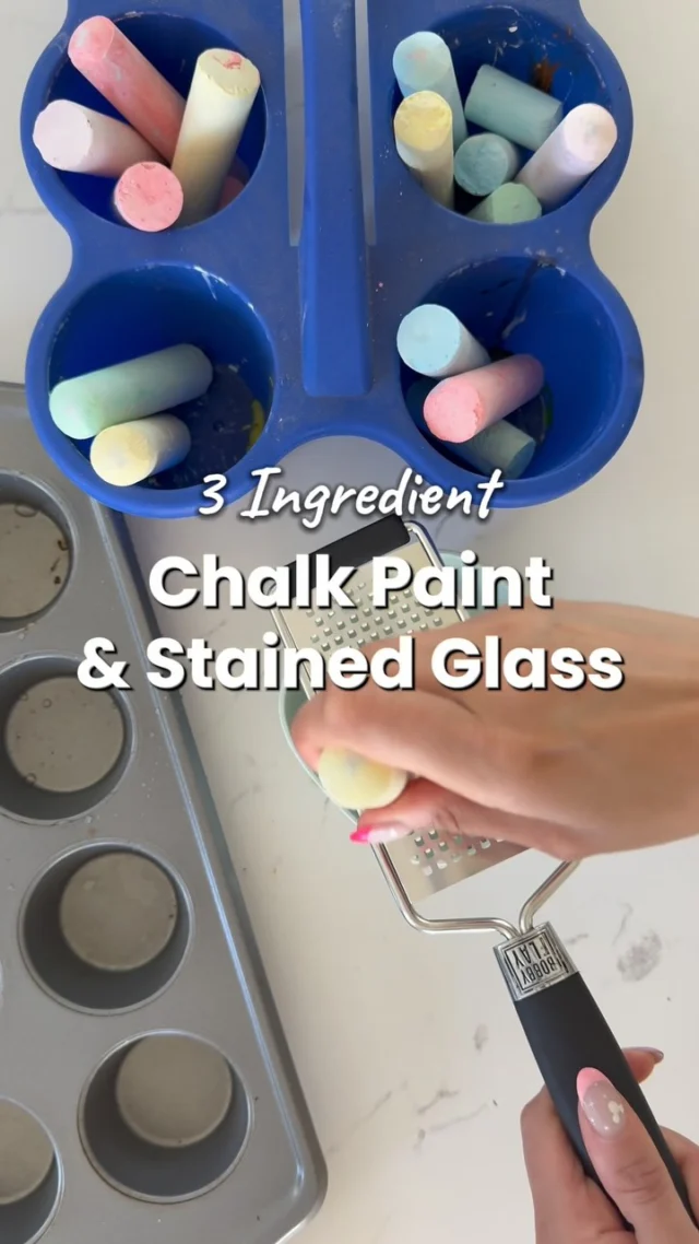 DIY CHALK PAINT with 3 ingredients?! Just 1 part water, 1 part cornstarch & 2 parts grated chalk — perfect for summer fun! You want the chalk paint to be about as thick as paint. It paints on light but it dries darker and brighter!Grab a roller brush from the craft section at @Walmart for endless fun! I also used blue painters tape to make a stained glass design. My kids LOVED it!🎨👩‍🎨 #DIYForKids #kidsactivities #toddleractivities #Chalk #CraftTok #SummerActivities #summerproject