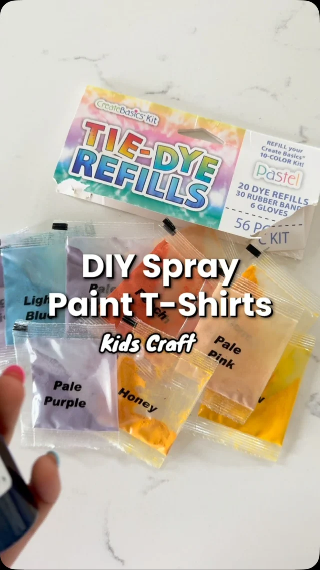 KIDS CRAFT SPRAY PAINT T-SHIRTSThis year, we are doing summer “camp” at home! I am making themed weeks and routines to help maintain my sanity while school is out! Every camper needs a camp shirt!Supplies:📌White shirts📌Tie Dye Refill packets📌Travel size spray bottles📌Stickers or plastic lettersAll supplies available at @Walmart #kidscrafts #activitiesforkids #summerfun #kidsactivities #preschoolactivities